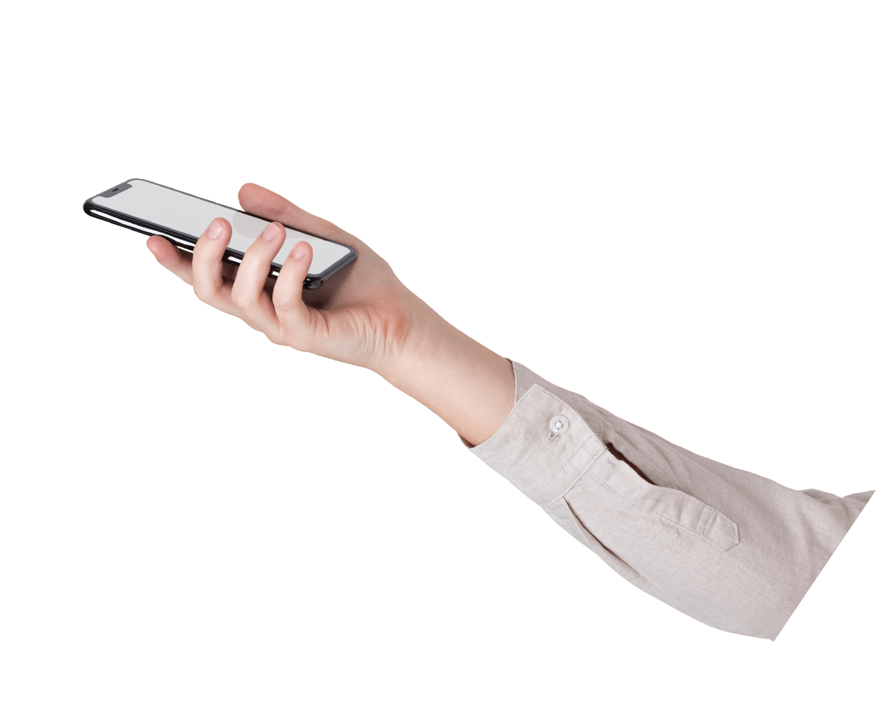 Blank smartphone screen isolated in studio with hand raised